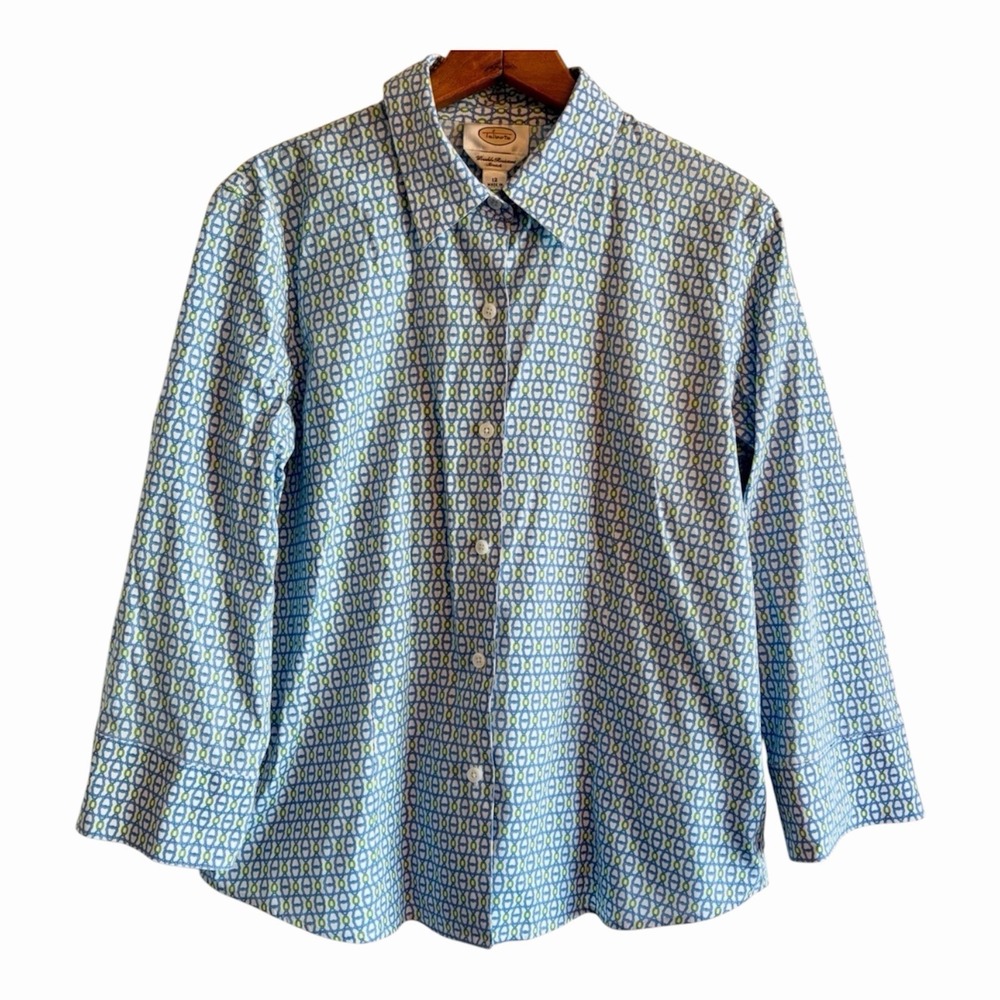 Talbots Wrinkle Resistant Blue Green Geometric Button Up 3/4 Slv Blouse Sz 12